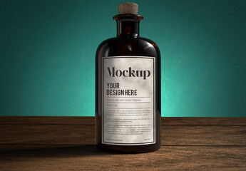 VIntage Cosmetic Bottle Mockup on Wood Desk And Green Wall Blooming Light - obrazy, fototapety, plakaty