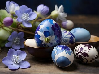Easter greeting with colorful eggs and flowers