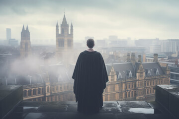 worms eye view, wide shot, full shot, judge in gown, misty oxford buildings blurred in background --ar 3:2 --v 5.2 Job ID: fa684a31-b423-4382-b46d-d4fa2fa9ccbc