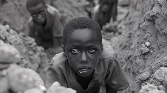 Niños trabajando en una mina en el corazón de Africa. Ejemplo de explotación infantil. 