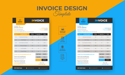Fototapeta na wymiar Minimal invoice or bill form design template for business and office with best layout.
