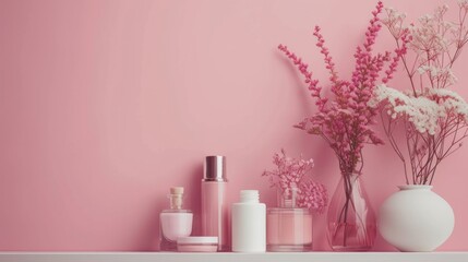 Clean, minimalist backdrop adorned with sleek decorative cosmetic elements