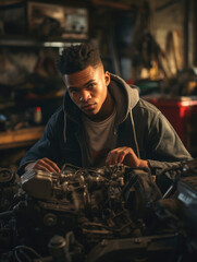 A diligent black mechanic, engrossed fixing a car, accentuated by the warm, ambient lighting of the workshop