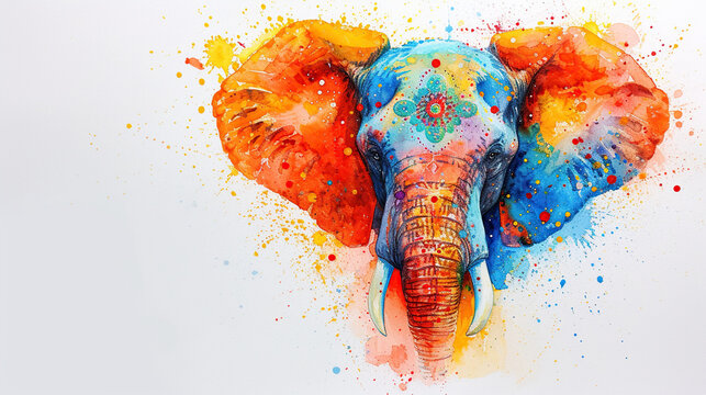 Decorative elephant painted with multicolors splashes, Indian theme with watercolors. can be used for cards or banners, or events like holi
