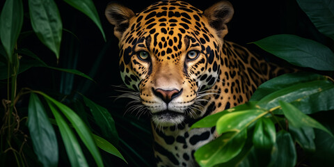 Portrait of a jaguar among green leaves