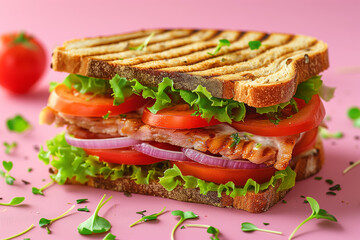 Tasty sandwich on a pink background 