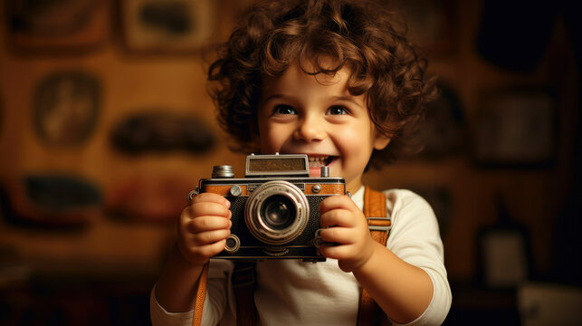 Young photographer,  holds a vintage camera; warm tones evoke a nostalgic, excited happy, curious mood