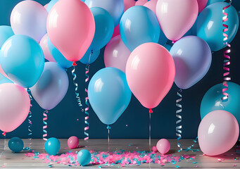 Baby gender reveal party: pink and blue balloons border with confetti and bokeh, festive. Generative AI