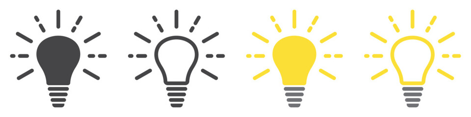 Set of lamp icons. Light bulb symbol, electricity, lighting, electric lamp. Innovation idea, effective thinking, solution, inspiration. Illuminated lamp, idea, creative. Vector.