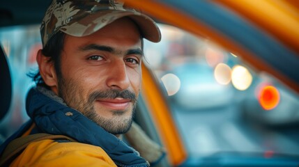 Fototapeta premium Minimalist image showcasing a confident young taxi driver against an abstract setting
