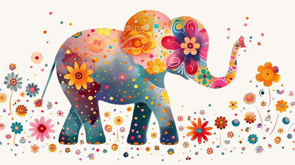cute Vibrant and bright colorful painted prints on elephant portrait, holi theme, can be used for cards, tshirts, or kids learning