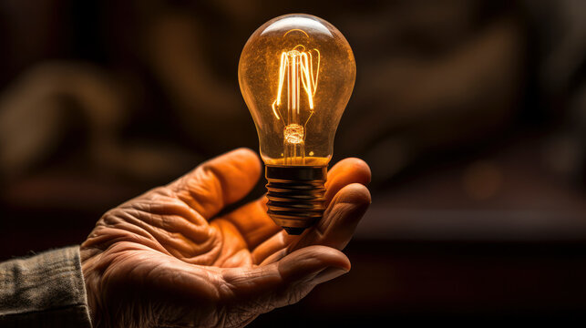 A hand, veined and strong, holds a glowing light bulb against a dark backdrop, illuminating ideas and innovation