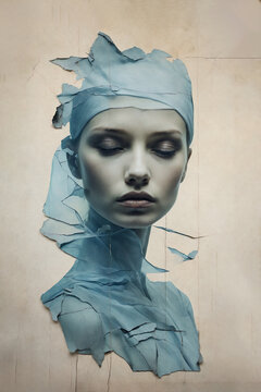 Collage vintage nost&aacute;lgico de retrato de mujer sobre textura de papel viejo mostrando una belleza et&eacute;rea y  tranquila 