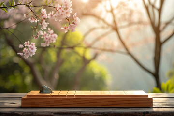 Weathered wooden product display with Japanese sakura on background