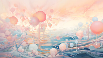 An ethereal dreamscape with floating orbs of light and soft pastel hues, f