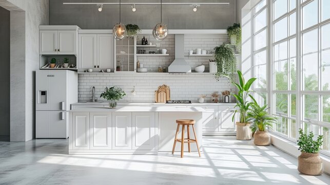 Interior of modern minimalist white Scandi style kitchen. White facades, white tile backsplash, open shelves with utensils, kitchen island with bar stool, built-in home appliances, indoor plants.