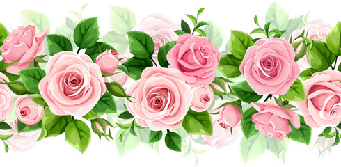 Floral seamless garland with pink rose flowers and green leaves. Vector horizontal seamless border