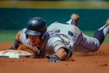 A baseball player sliding into second base on a professional baseball field