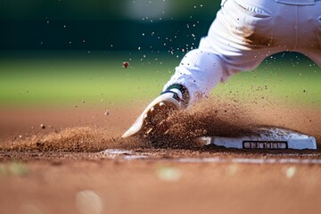A baseball player sliding into second base on a professional baseball field