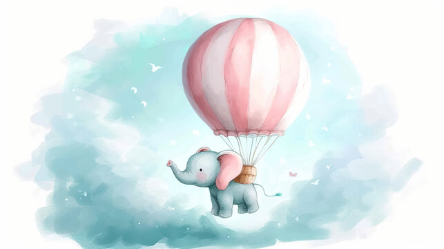 cute baby elephant with pastel color hot air balloon, in blue sky illustration, Can be used for baby shower invitation banner design.