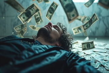 A man, exhausted or overwhelmed, lying on the floor as money bills flutter around him