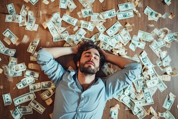 A man, exhausted or overwhelmed, lying on the floor as money bills flutter around him