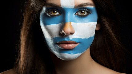 Sports fan woman with face painted in light blue and white colors