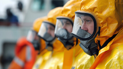 A group of crew members suited up in protective gear as they participate in a hazardous material safety training session on board a cargo ship.