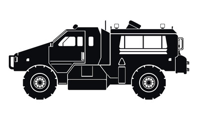 Armored military vehicle silhouette. Black icon. War and army symbols. Vector illustration isolated on white background.