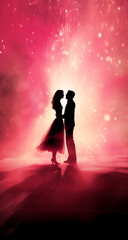 Romantic silhouette of a couple sharing a kiss against a pink magical background, creating a dreamy and enchanting atmosphere.