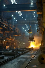 The interior of a large steel factory