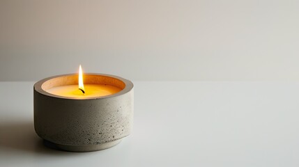 Fototapeta na wymiar Stylish decor: Candle in a concrete candlestick on a white background. Modern design for ambient lighting