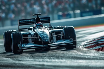 Formula 1 car on the track while driving, front view. - obrazy, fototapety, plakaty