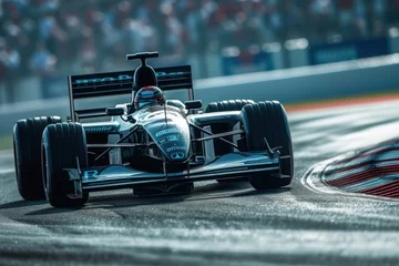 Fotobehang Formula 1 car on the track while driving, front view. © 2D_Jungle