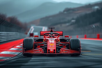 Formula 1 car on the track while driving, front view.