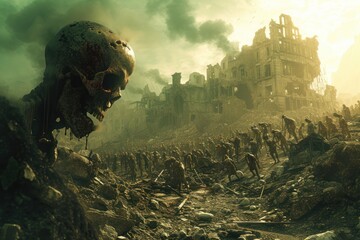 a city destroyed by bombs, the effects of war There are zombies all over the city. 