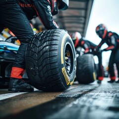 Support team changing F1 tires during race.