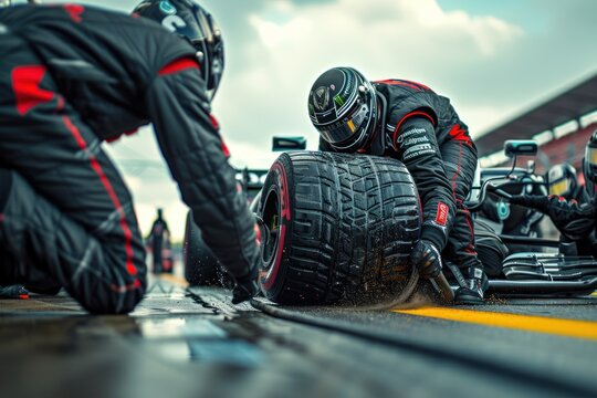 Support team changing F1 tires during race.