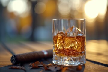 A glass with whiskey and a cigar next to it on a beautiful wooden table with a beautiful background with space for inscriptions or text.