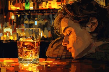 Glass of alcohol on a wooden table in a bar with a person drinking to sleep. 