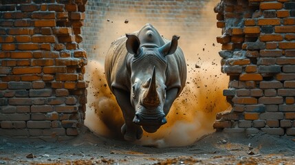 Dark tone wallpeper,A rhino runs through a brick wall. The goal concept is to overcome obstacles,copy space. - obrazy, fototapety, plakaty