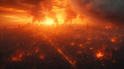 Apocalyptic shots with fire, water skyscrapers of a city like New York. Huge destruction, ominous picture, high quality, realistic.