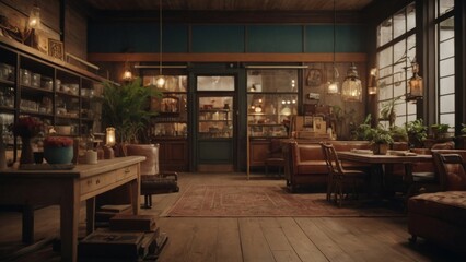 Fototapeta na wymiar Cozy Hotel Restaurant Interior with Wooden Furniture and Soft Lighting