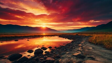 Fototapeta na wymiar Sunset Sky Reflecting on River and Lake at Sunrise