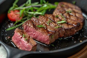 A tenderly sliced sous-vide beef steak presented in a cast iron pan