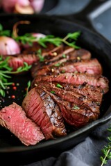 A tenderly sliced sous-vide beef steak presented in a cast iron pan