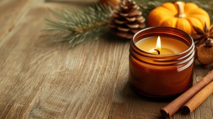 Cozy burning candle in a brown glass jar with cinnamon sticks and pumpkin candles on a wood texture. Eco-friendly soy candle. Place for text