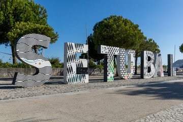 Setubal, Portugal. 14 August 2023. Setubal letters logo freestanding 2 meters high standing close...