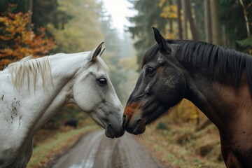 A stallion and mare, horses in love, sniffing each other nose to nose on a forest road