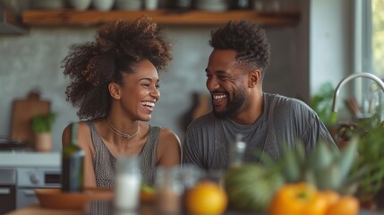 Poignant photo of a couple immersed in laughter and happiness while seated at the kitchen table - obrazy, fototapety, plakaty